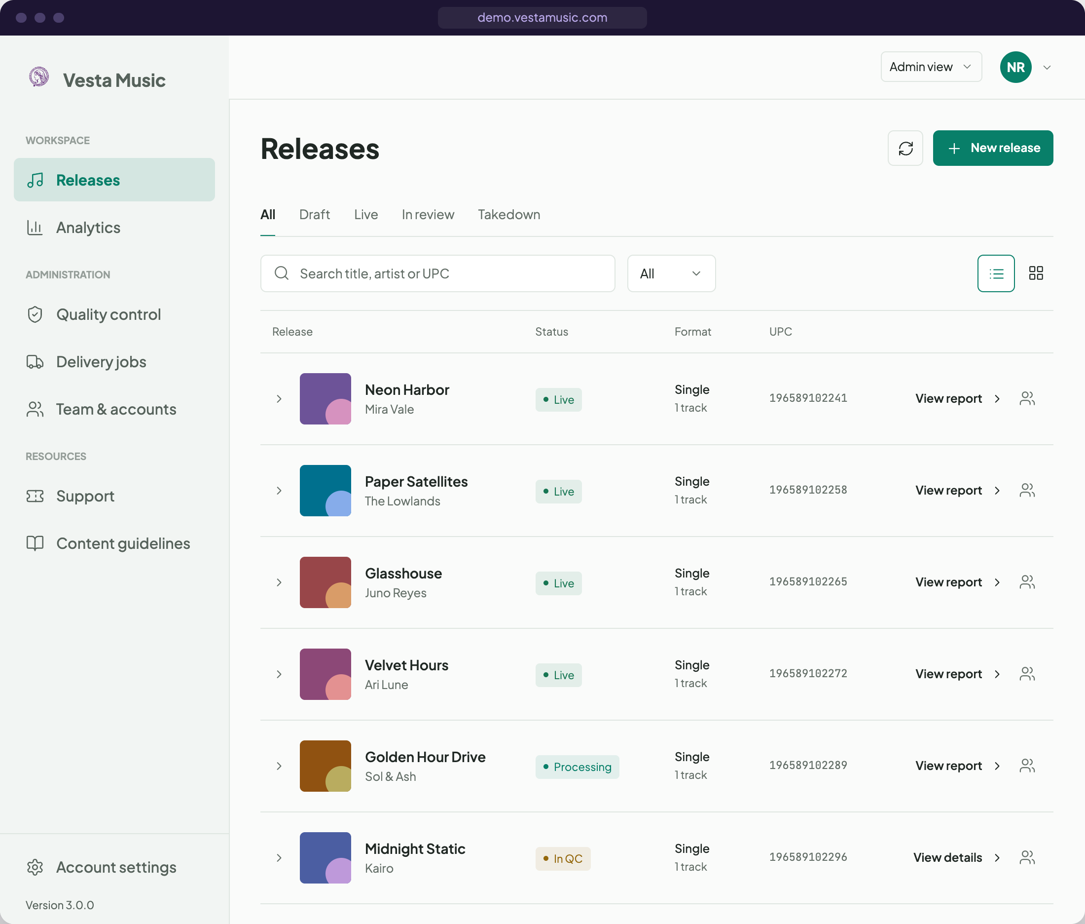 Vesta Releases dashboard with catalog search, release artwork, artists, and live delivery statuses